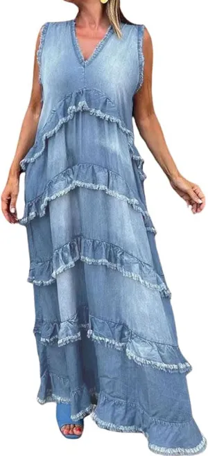 CHARTOU Women Summer Casual Denim Maxi Dress V Neck Sleeveless Tiered Distressed Jean Dress