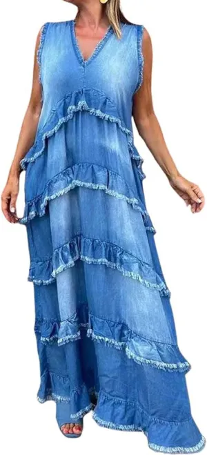 CHARTOU Women Summer Casual Denim Maxi Dress V Neck Sleeveless Tiered Distressed Jean Dress