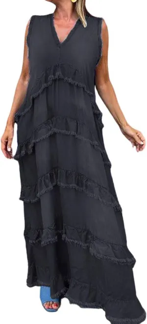 CHARTOU Women Summer Casual Denim Maxi Dress V Neck Sleeveless Tiered Distressed Jean Dress