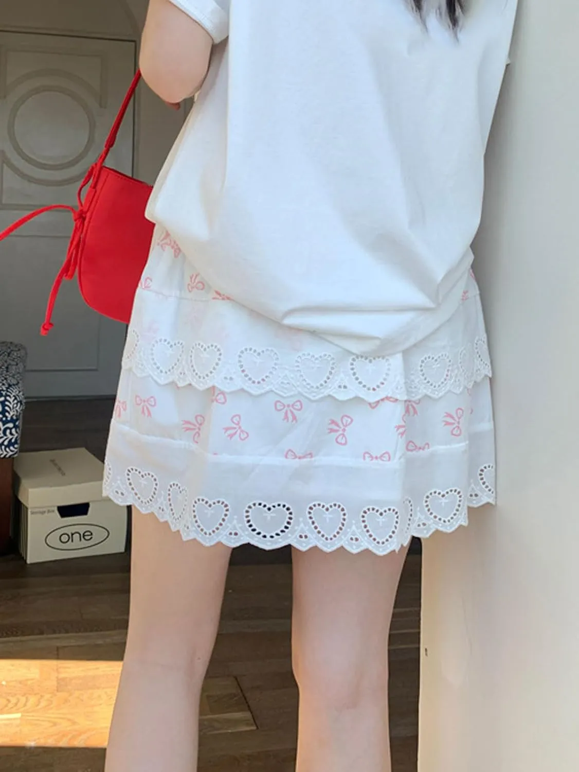CHARTOU Women Y2k Floral Lace Tiered Mini Skirt Elastic High Waisted Drawstring Bow Print Short Skirt