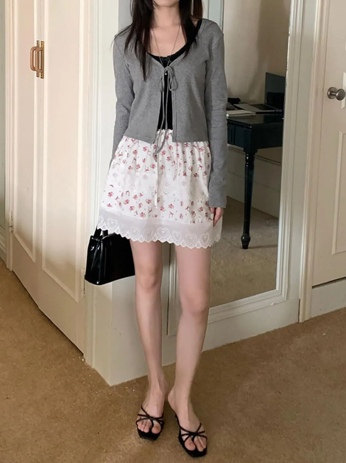 CHARTOU Women Y2k Floral Lace Tiered Mini Skirt Elastic High Waisted Drawstring Bow Print Short Skirt
