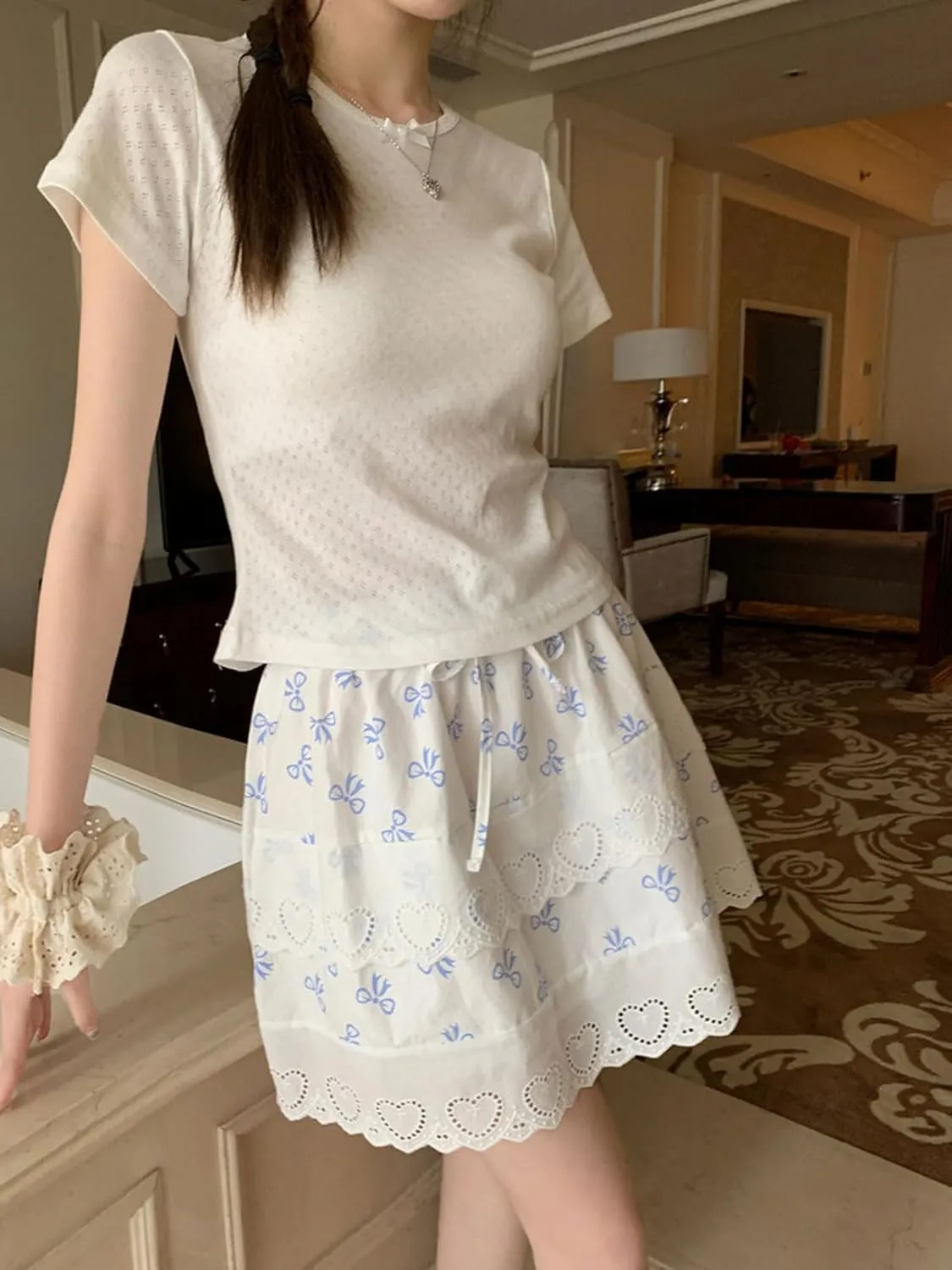 CHARTOU Women Y2k Floral Lace Tiered Mini Skirt Elastic High Waisted Drawstring Bow Print Short Skirt