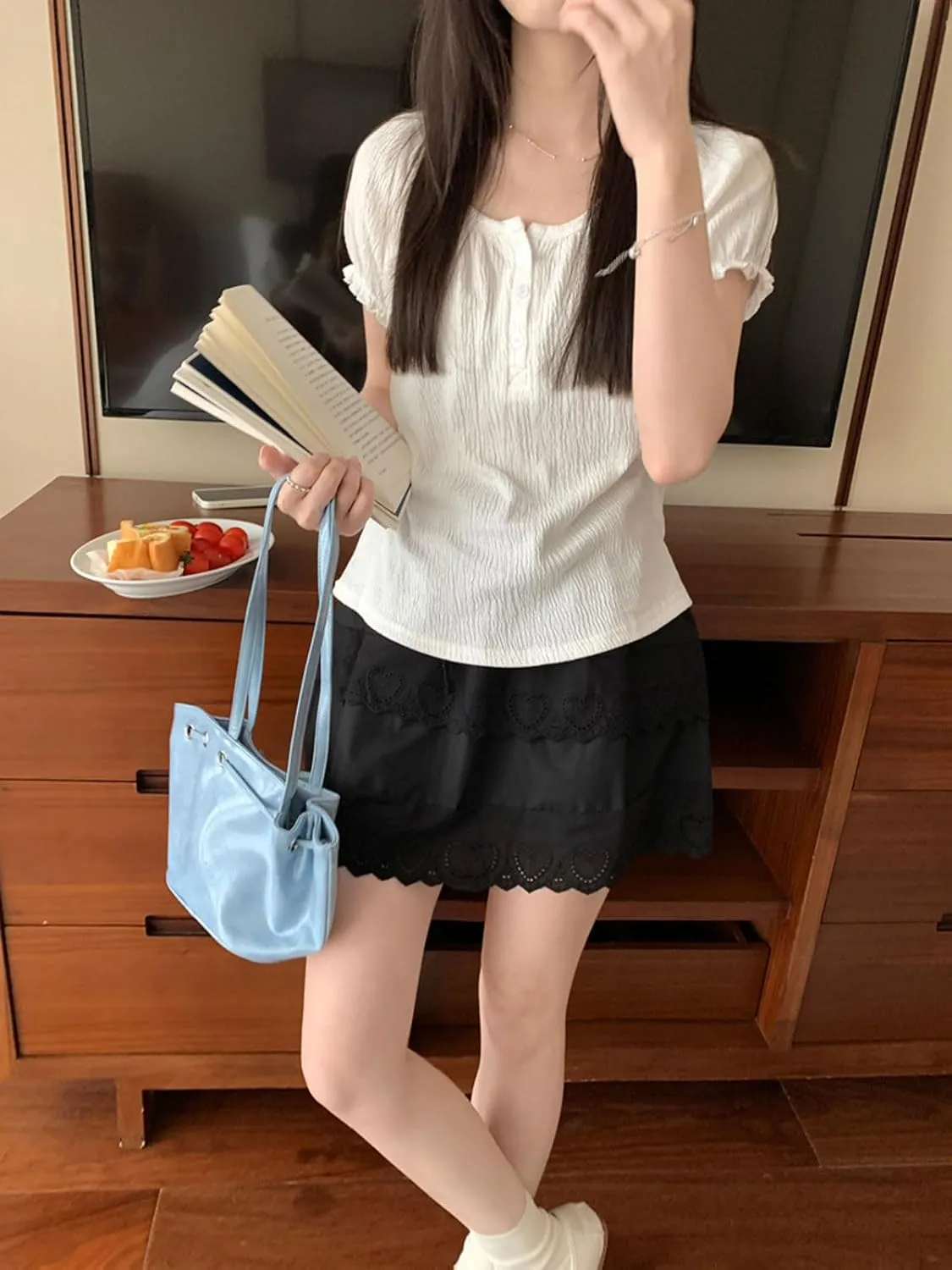 CHARTOU Women Y2k Floral Lace Tiered Mini Skirt Elastic High Waisted Drawstring Bow Print Short Skirt