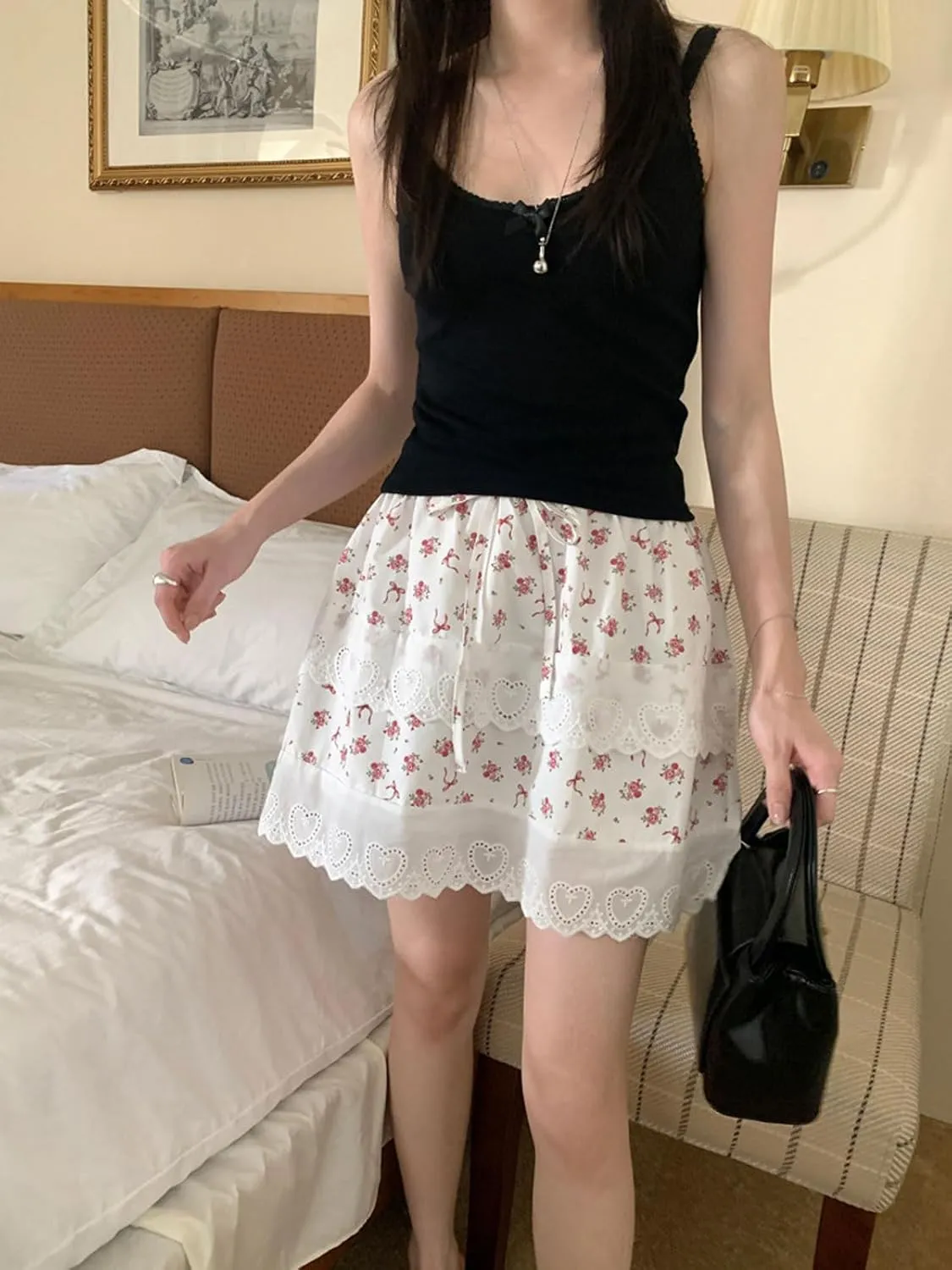 CHARTOU Women Y2k Floral Lace Tiered Mini Skirt Elastic High Waisted Drawstring Bow Print Short Skirt