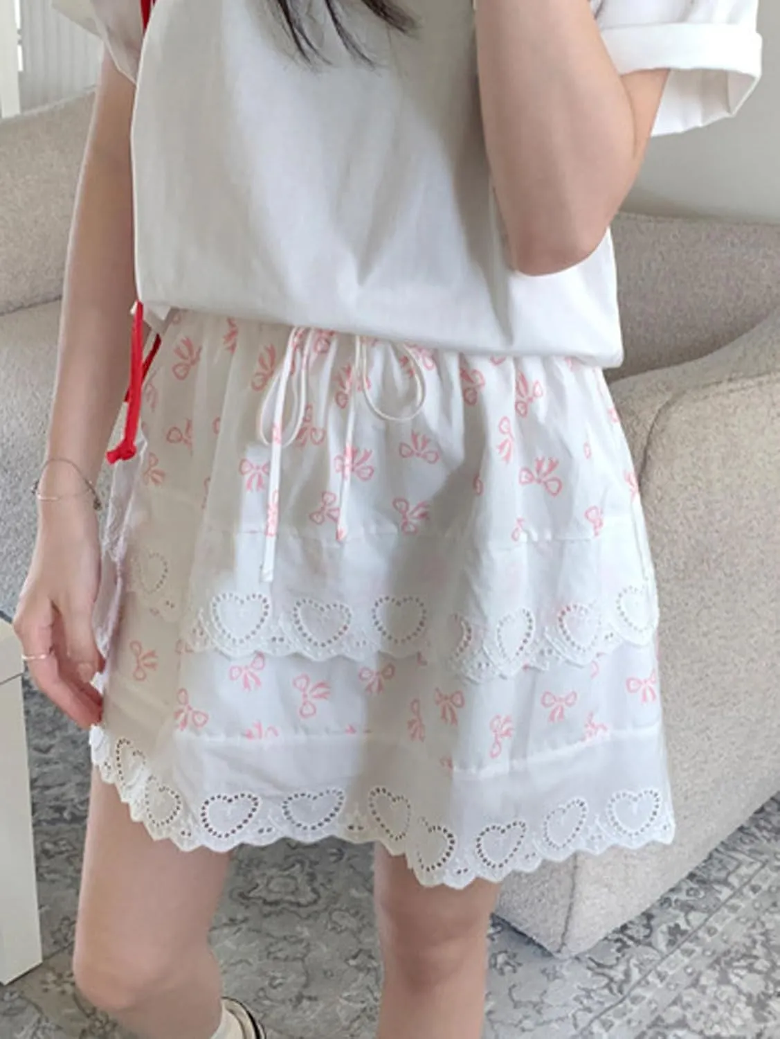 CHARTOU Women Y2k Floral Lace Tiered Mini Skirt Elastic High Waisted Drawstring Bow Print Short Skirt