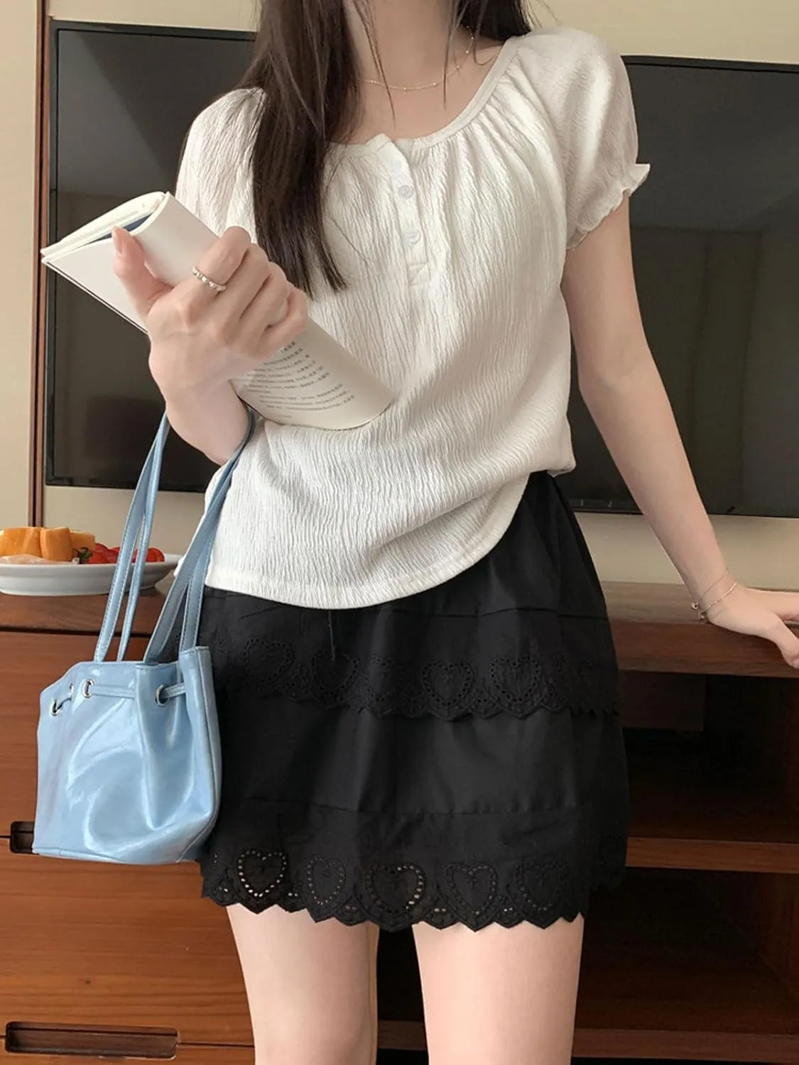 CHARTOU Women Y2k Floral Lace Tiered Mini Skirt Elastic High Waisted Drawstring Bow Print Short Skirt
