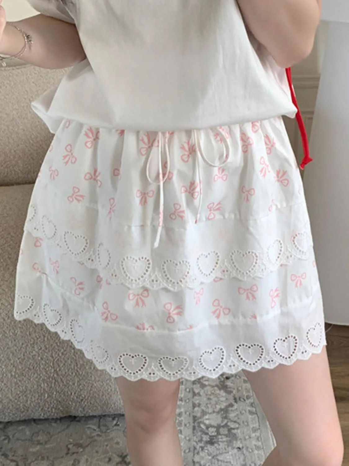 CHARTOU Women Y2k Floral Lace Tiered Mini Skirt Elastic High Waisted Drawstring Bow Print Short Skirt