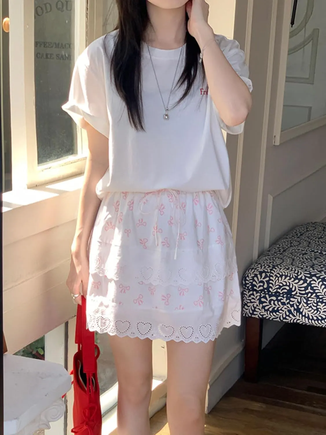 CHARTOU Women Y2k Floral Lace Tiered Mini Skirt Elastic High Waisted Drawstring Bow Print Short Skirt