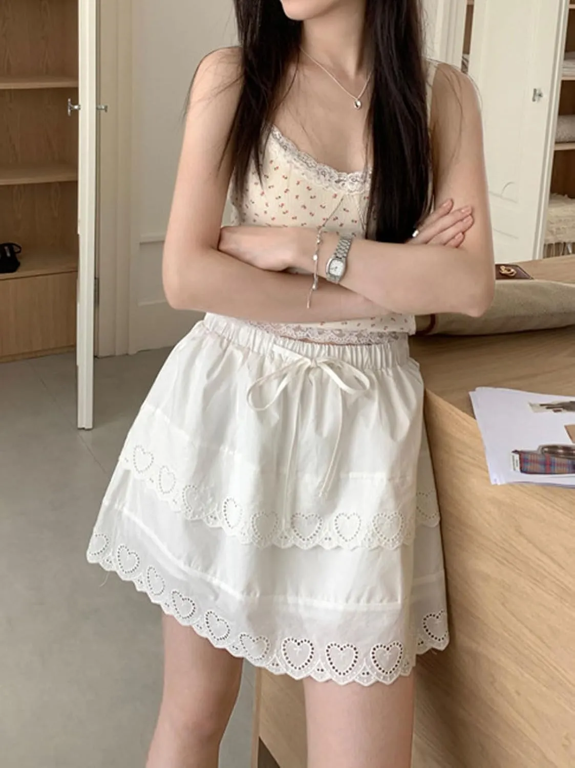 CHARTOU Women Y2k Floral Lace Tiered Mini Skirt Elastic High Waisted Drawstring Bow Print Short Skirt