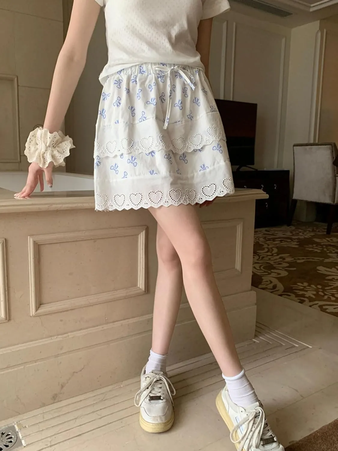 CHARTOU Women Y2k Floral Lace Tiered Mini Skirt Elastic High Waisted Drawstring Bow Print Short Skirt