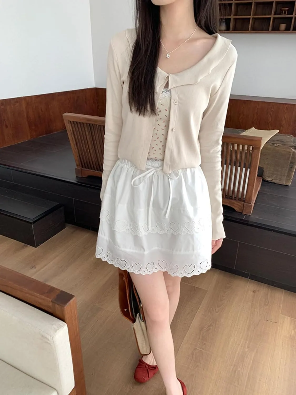 CHARTOU Women Y2k Floral Lace Tiered Mini Skirt Elastic High Waisted Drawstring Bow Print Short Skirt