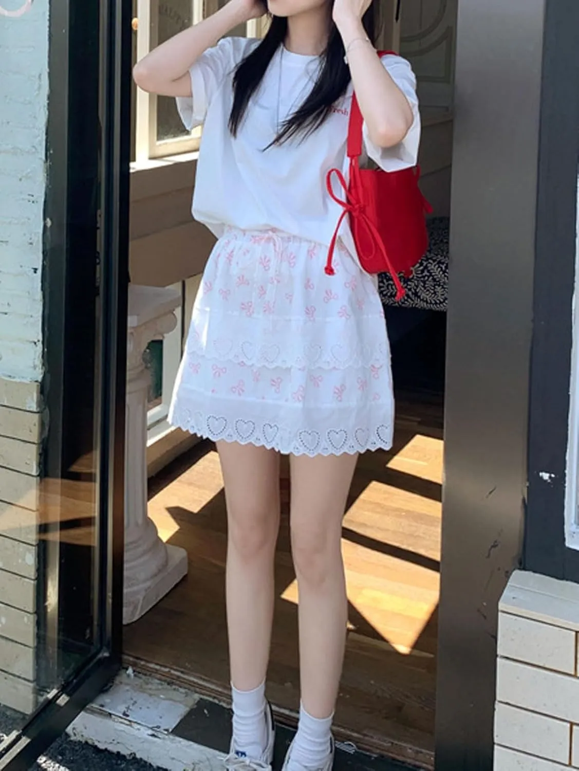 CHARTOU Women Y2k Floral Lace Tiered Mini Skirt Elastic High Waisted Drawstring Bow Print Short Skirt
