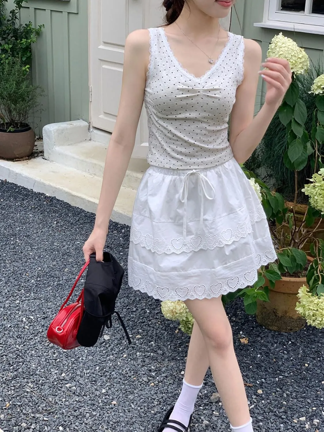 CHARTOU Women Y2k Floral Lace Tiered Mini Skirt Elastic High Waisted Drawstring Bow Print Short Skirt