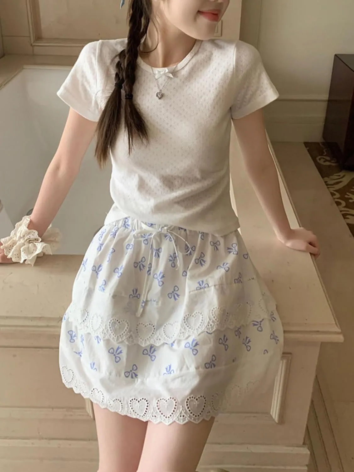 CHARTOU Women Y2k Floral Lace Tiered Mini Skirt Elastic High Waisted Drawstring Bow Print Short Skirt