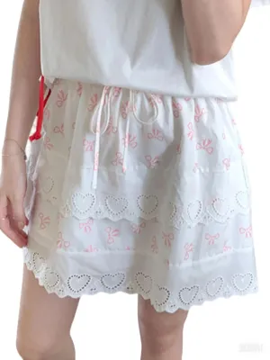 CHARTOU Women Y2k Floral Lace Tiered Mini Skirt Elastic High Waisted Drawstring Bow Print Short Skirt