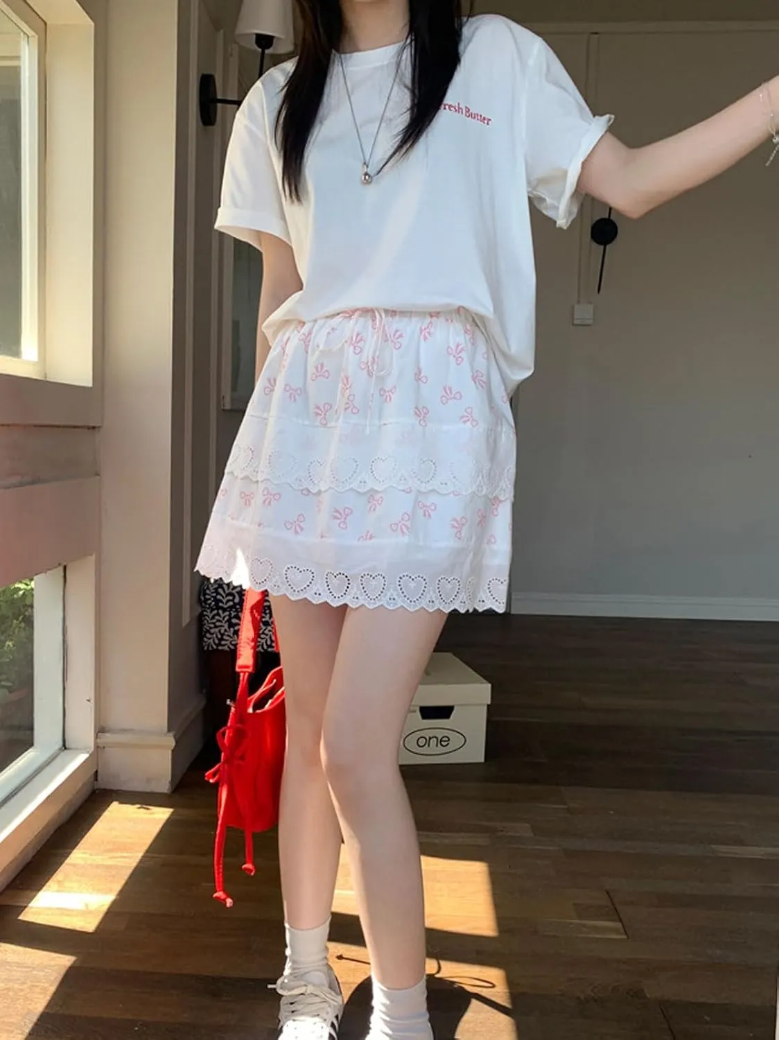 CHARTOU Women Y2k Floral Lace Tiered Mini Skirt Elastic High Waisted Drawstring Bow Print Short Skirt