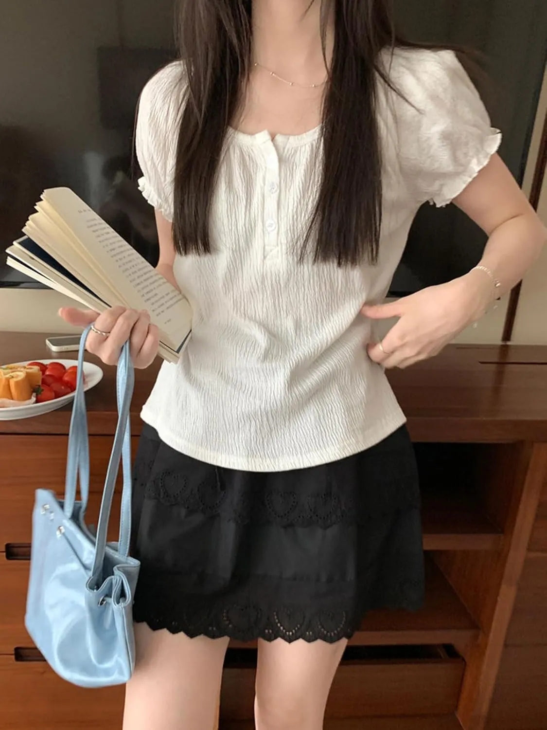 CHARTOU Women Y2k Floral Lace Tiered Mini Skirt Elastic High Waisted Drawstring Bow Print Short Skirt