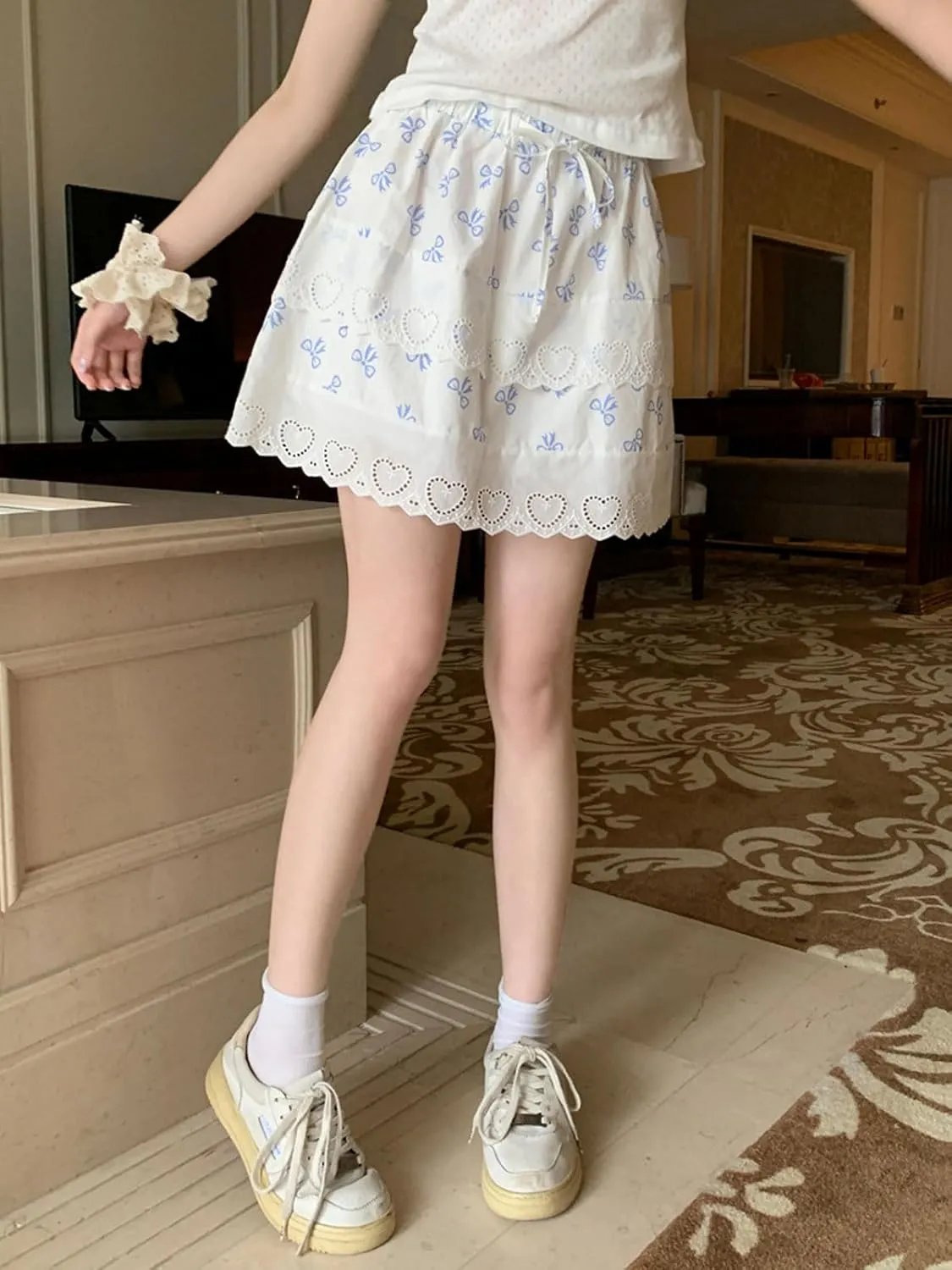 CHARTOU Women Y2k Floral Lace Tiered Mini Skirt Elastic High Waisted Drawstring Bow Print Short Skirt