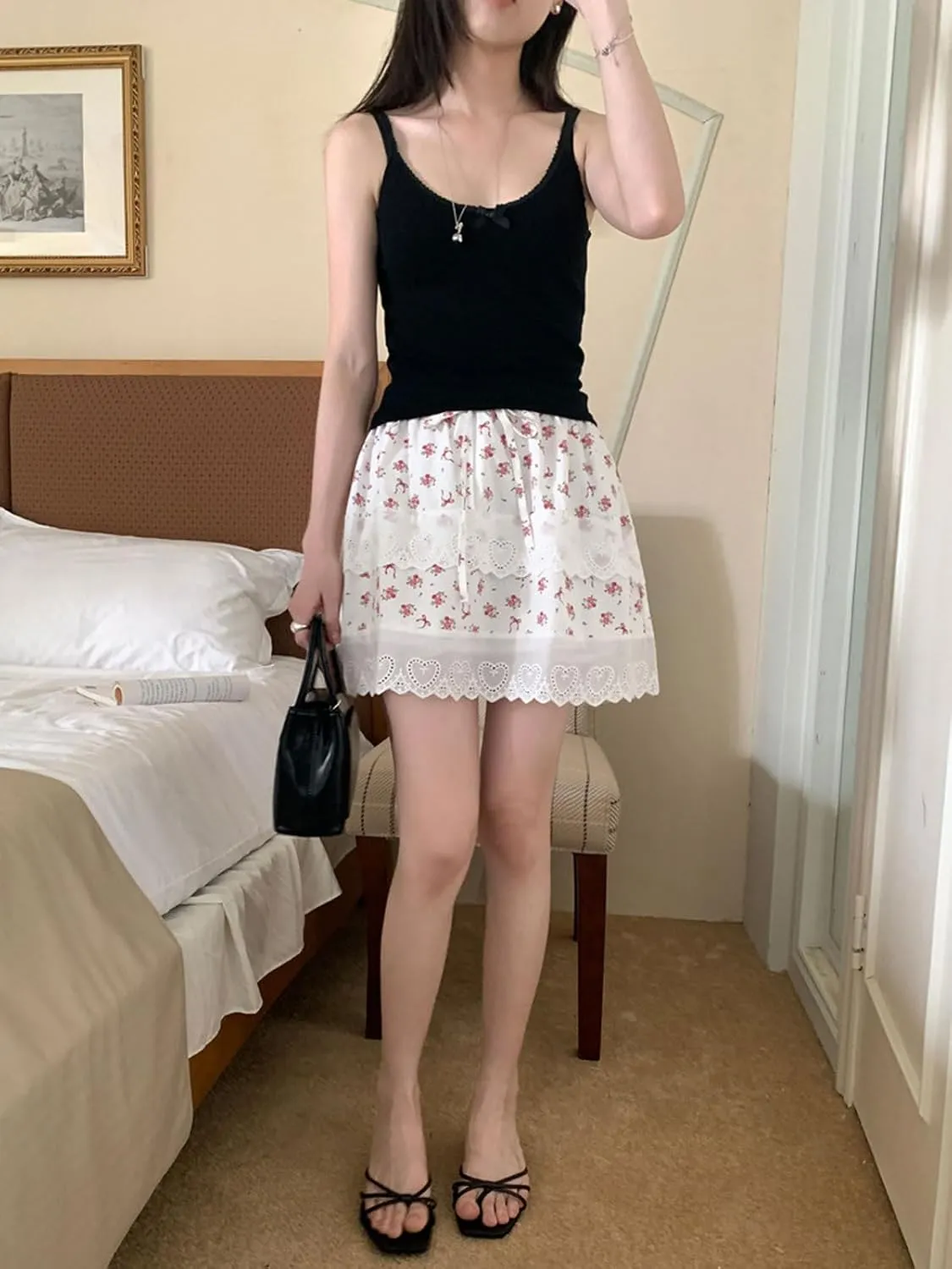CHARTOU Women Y2k Floral Lace Tiered Mini Skirt Elastic High Waisted Drawstring Bow Print Short Skirt