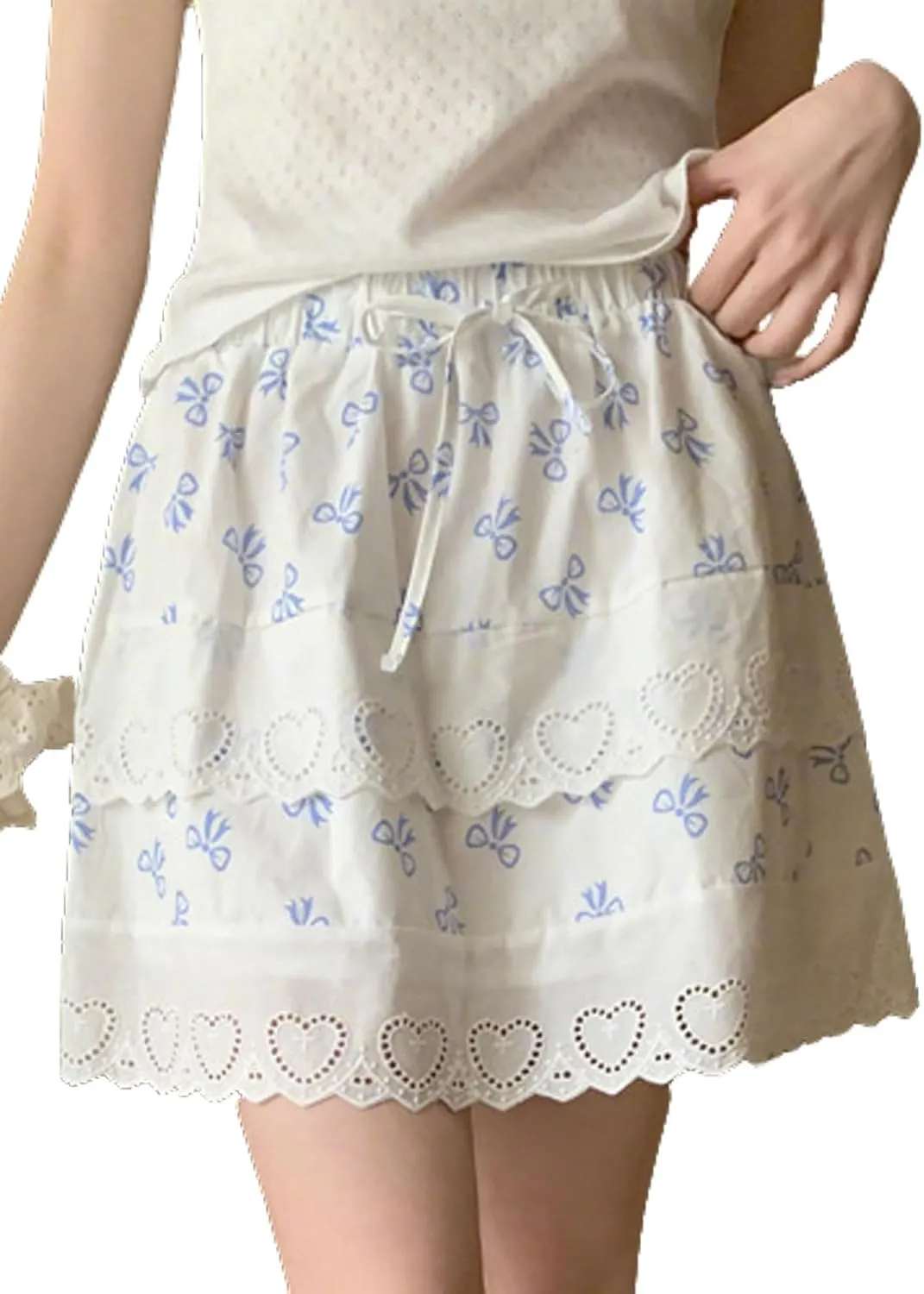 CHARTOU Women Y2k Floral Lace Tiered Mini Skirt Elastic High Waisted Drawstring Bow Print Short Skirt