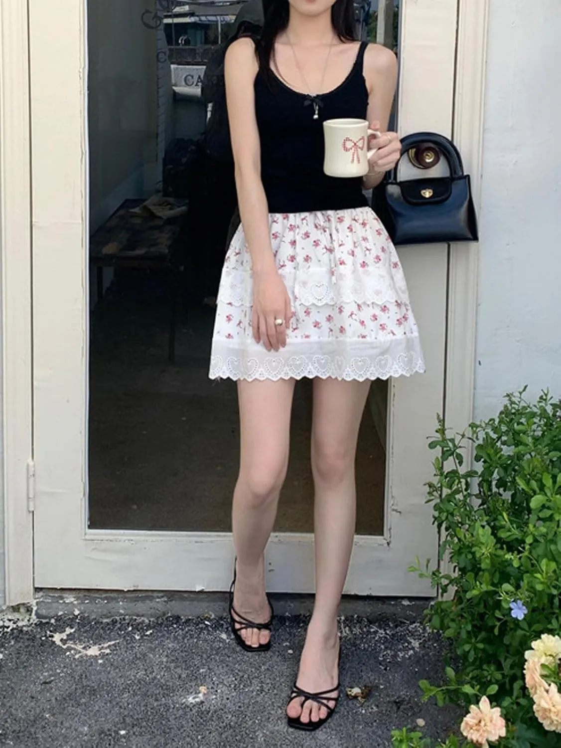CHARTOU Women Y2k Floral Lace Tiered Mini Skirt Elastic High Waisted Drawstring Bow Print Short Skirt
