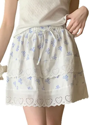 CHARTOU Women Y2k Floral Lace Tiered Mini Skirt Elastic High Waisted Drawstring Bow Print Short Skirt