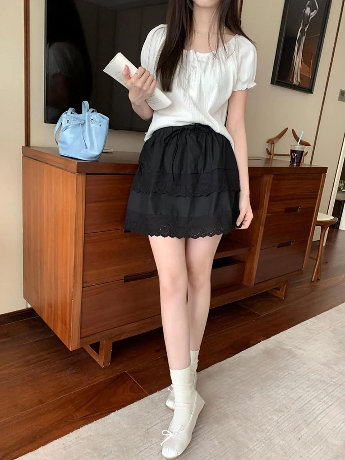 CHARTOU Women Y2k Floral Lace Tiered Mini Skirt Elastic High Waisted Drawstring Bow Print Short Skirt