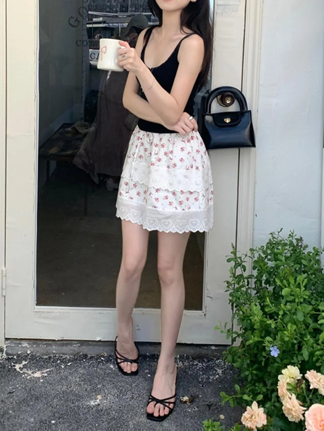 CHARTOU Women Y2k Floral Lace Tiered Mini Skirt Elastic High Waisted Drawstring Bow Print Short Skirt