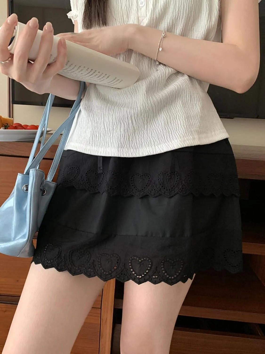 CHARTOU Women Y2k Floral Lace Tiered Mini Skirt Elastic High Waisted Drawstring Bow Print Short Skirt