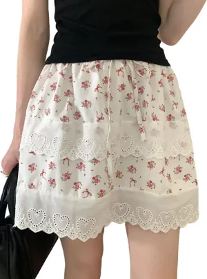 CHARTOU Women Y2k Floral Lace Tiered Mini Skirt Elastic High Waisted Drawstring Bow Print Short Skirt