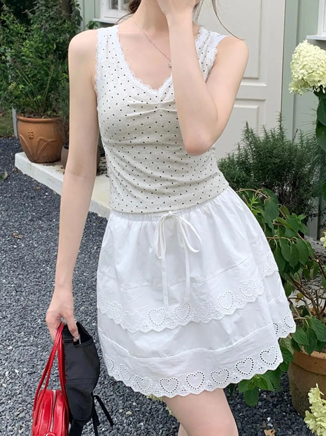 CHARTOU Women Y2k Floral Lace Tiered Mini Skirt Elastic High Waisted Drawstring Bow Print Short Skirt