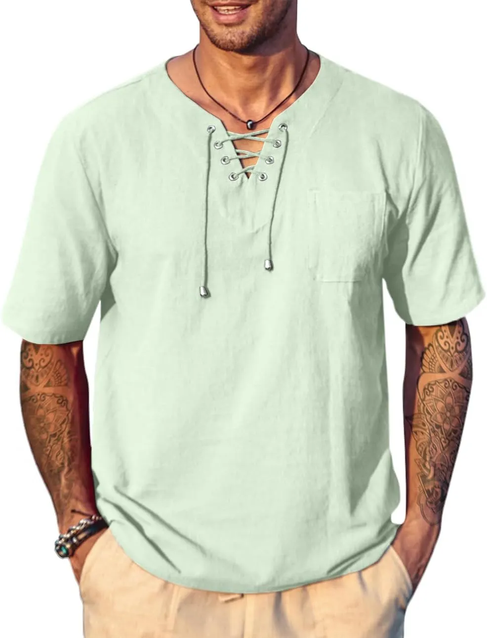 COOFANDY Men Casual Cotton Linen T Shirt Short Sleeve Beach Lace Up Hippie Shirt Yoga Renaissance Tunic