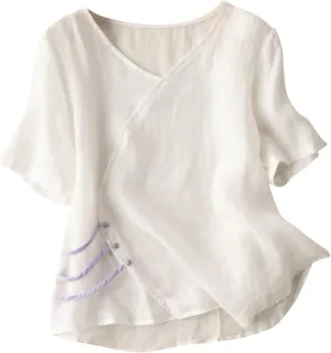 Cotton Linen Tops for Women Half Sleeve Work Blouses Dressy Casual Tunic Shirt Breathable Summer Basic Tees Tunics