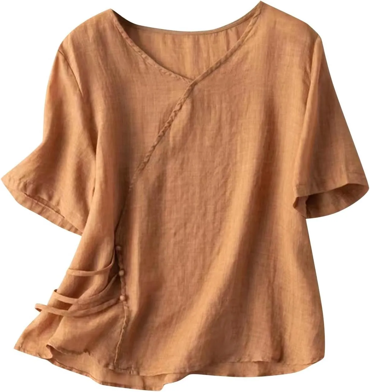 Cotton Linen Tops for Women Half Sleeve Work Blouses Dressy Casual Tunic Shirt Breathable Summer Basic Tees Tunics