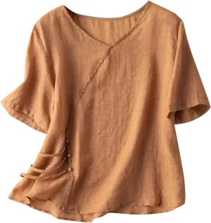 Cotton Linen Tops for Women Half Sleeve Work Blouses Dressy Casual Tunic Shirt Breathable Summer Basic Tees Tunics