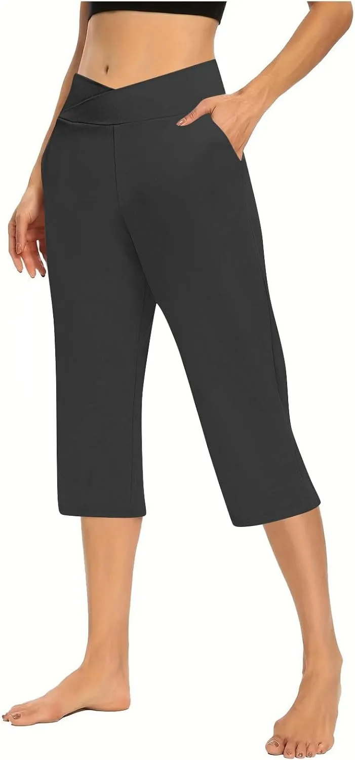 Cross Wrap Waisted Capri Pants for Women Summer Workout Yoga Running Sweat Shorts Stretch Loungewear Bottoms