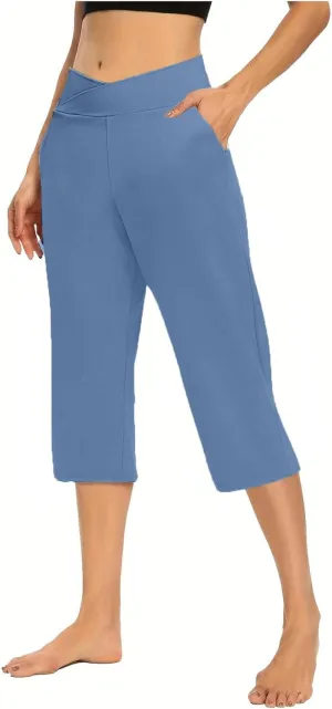 Cross Wrap Waisted Capri Pants for Women Summer Workout Yoga Running Sweat Shorts Stretch Loungewear Bottoms