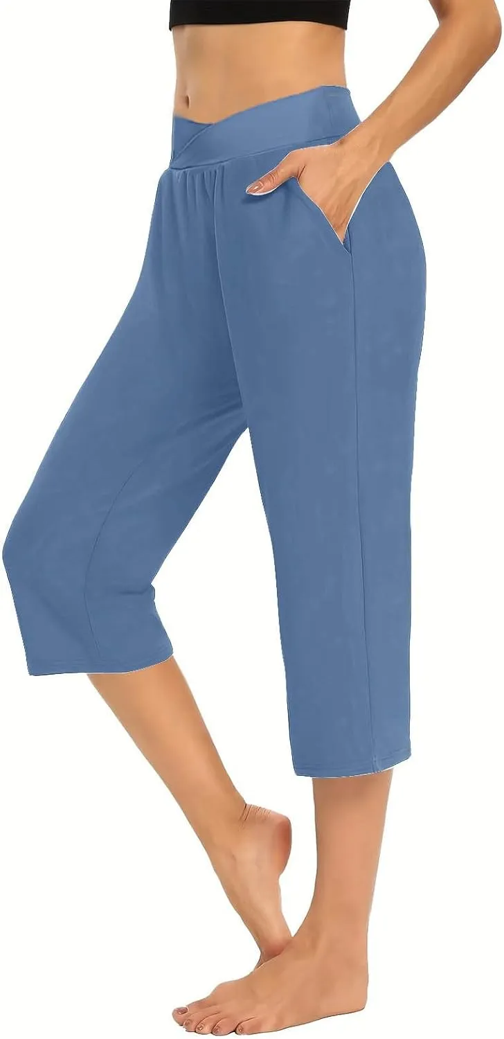 Cross Wrap Waisted Capri Pants for Women Summer Workout Yoga Running Sweat Shorts Stretch Loungewear Bottoms