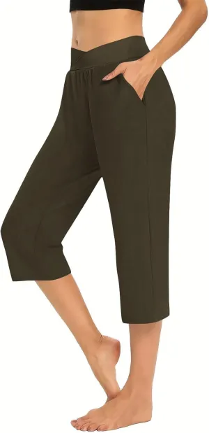 Cross Wrap Waisted Capri Pants for Women Summer Workout Yoga Running Sweat Shorts Stretch Loungewear Bottoms