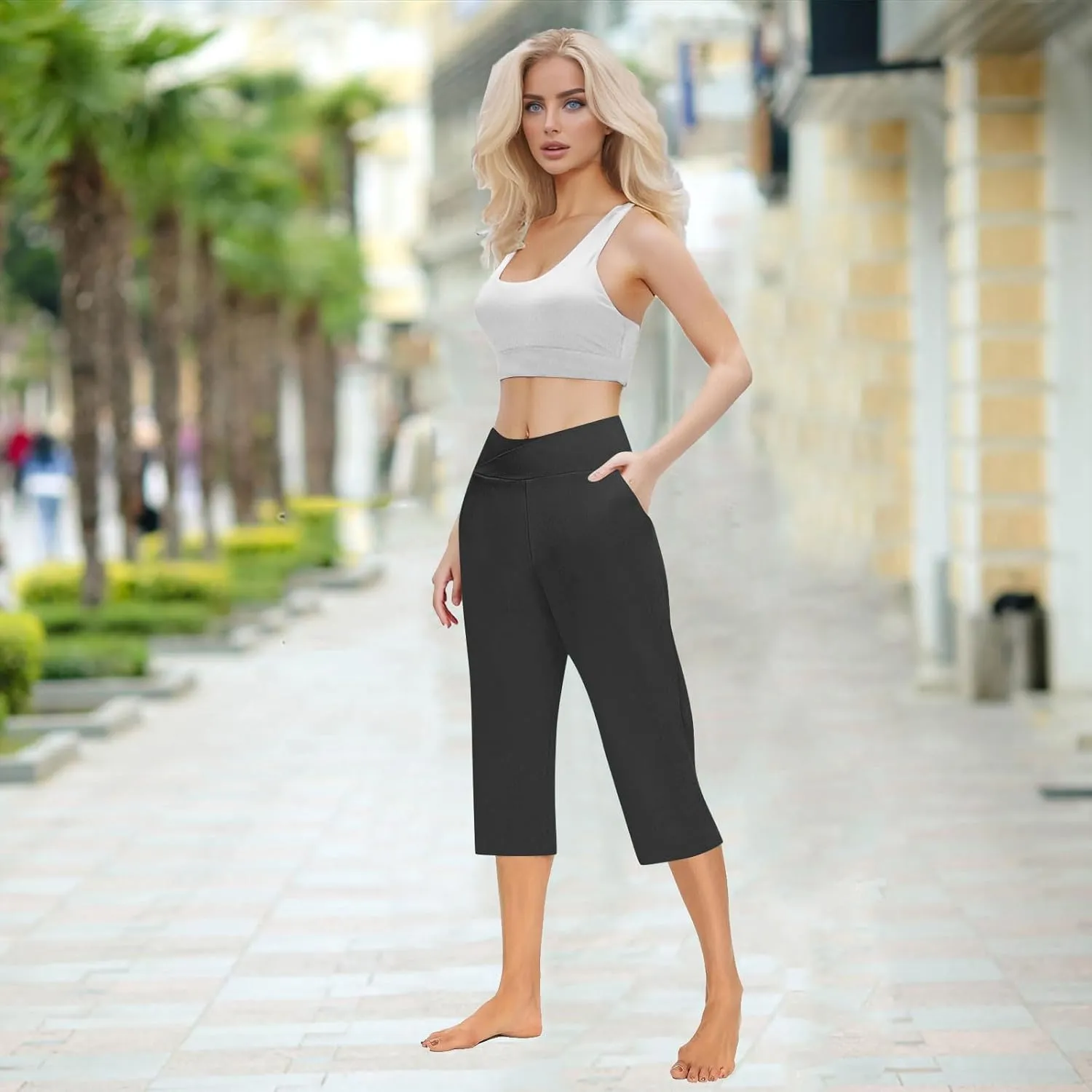Cross Wrap Waisted Capri Pants for Women Summer Workout Yoga Running Sweat Shorts Stretch Loungewear Bottoms