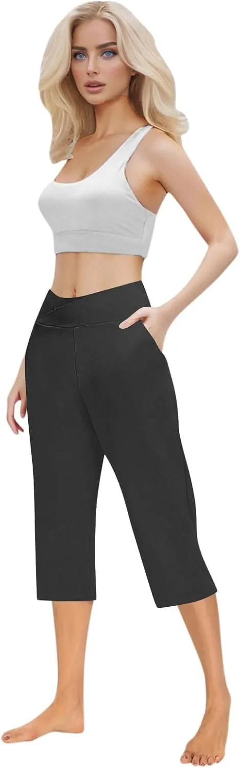 Cross Wrap Waisted Capri Pants for Women Summer Workout Yoga Running Sweat Shorts Stretch Loungewear Bottoms