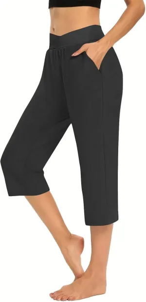 Cross Wrap Waisted Capri Pants for Women Summer Workout Yoga Running Sweat Shorts Stretch Loungewear Bottoms