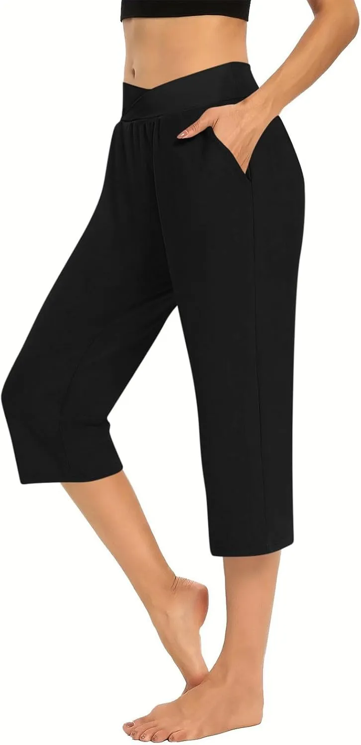 Cross Wrap Waisted Capri Pants for Women Summer Workout Yoga Running Sweat Shorts Stretch Loungewear Bottoms