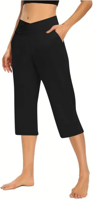 Cross Wrap Waisted Capri Pants for Women Summer Workout Yoga Running Sweat Shorts Stretch Loungewear Bottoms