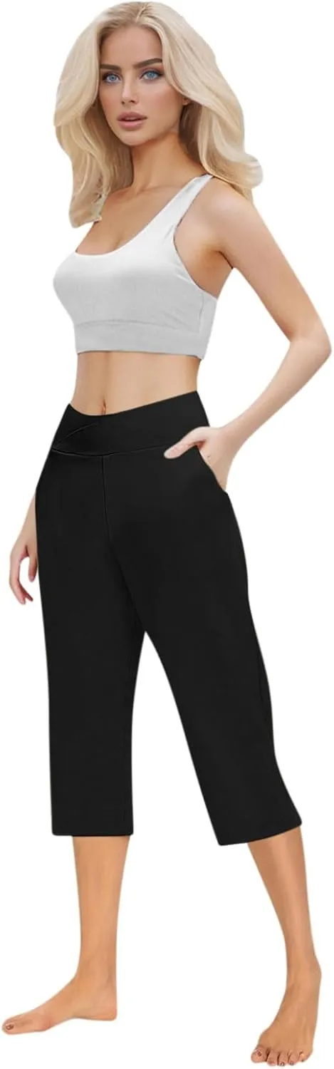 Cross Wrap Waisted Capri Pants for Women Summer Workout Yoga Running Sweat Shorts Stretch Loungewear Bottoms