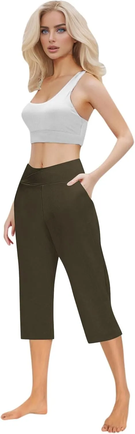 Cross Wrap Waisted Capri Pants for Women Summer Workout Yoga Running Sweat Shorts Stretch Loungewear Bottoms