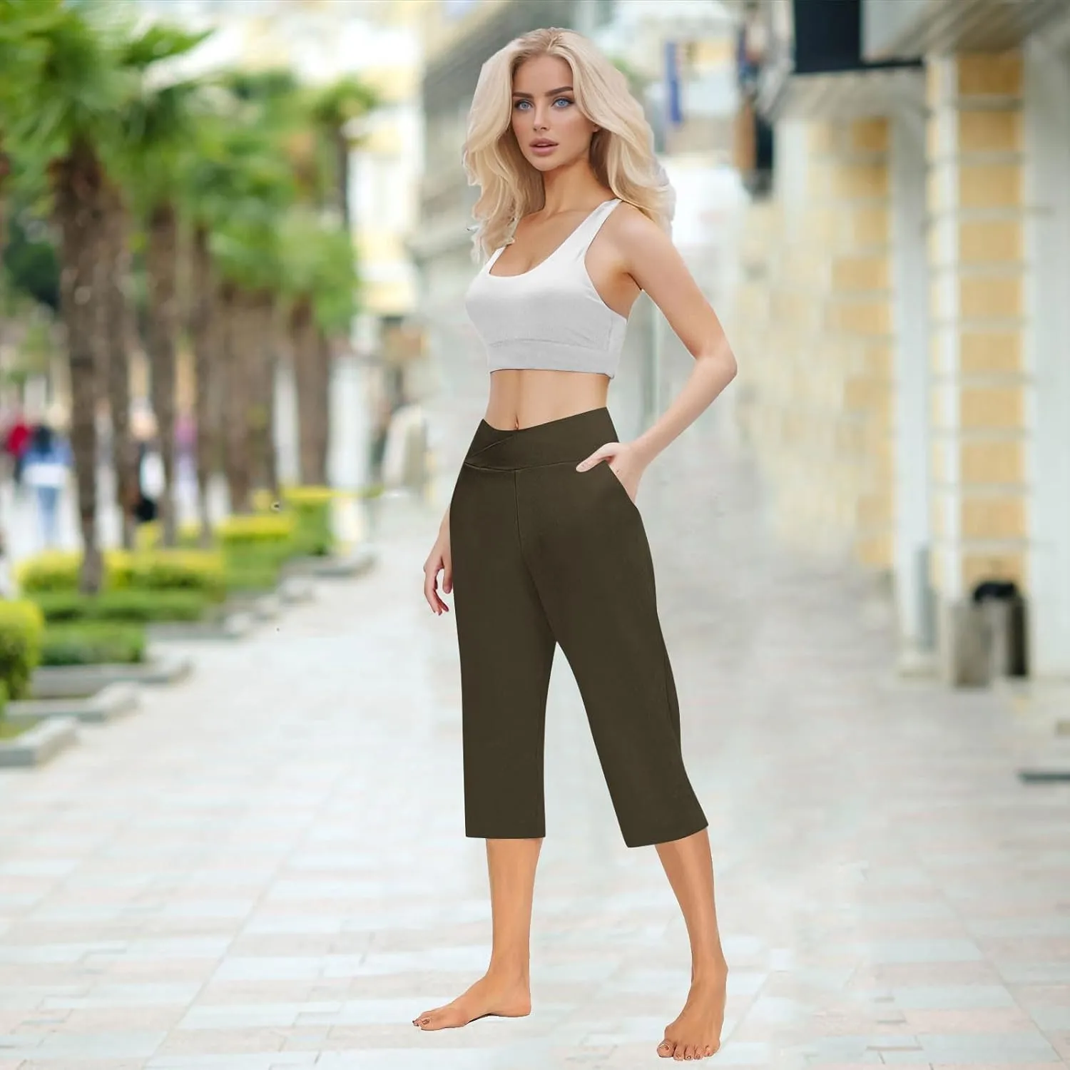Cross Wrap Waisted Capri Pants for Women Summer Workout Yoga Running Sweat Shorts Stretch Loungewear Bottoms