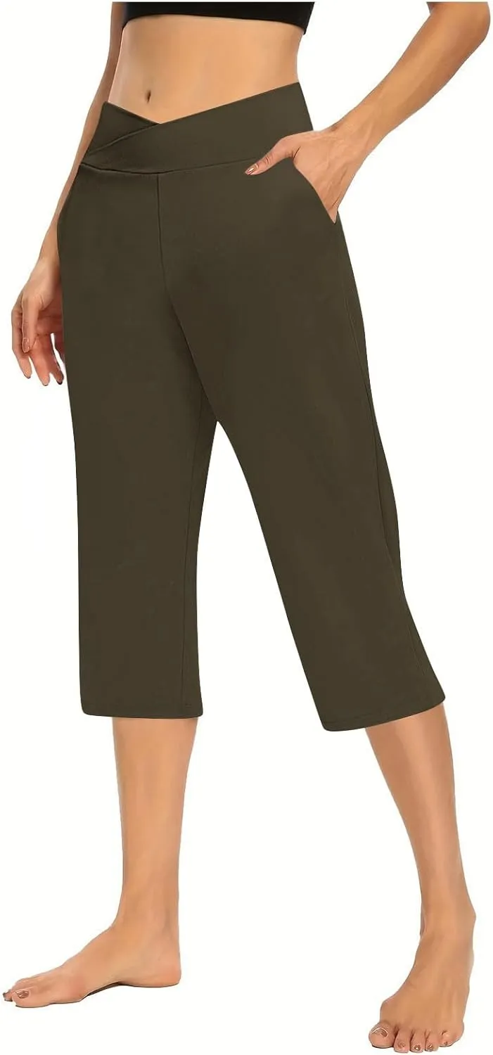 Cross Wrap Waisted Capri Pants for Women Summer Workout Yoga Running Sweat Shorts Stretch Loungewear Bottoms
