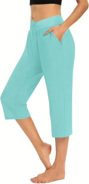 Cross Wrap Waisted Capri Pants for Women Summer Workout Yoga Running Sweat Shorts Stretch Loungewear Bottoms