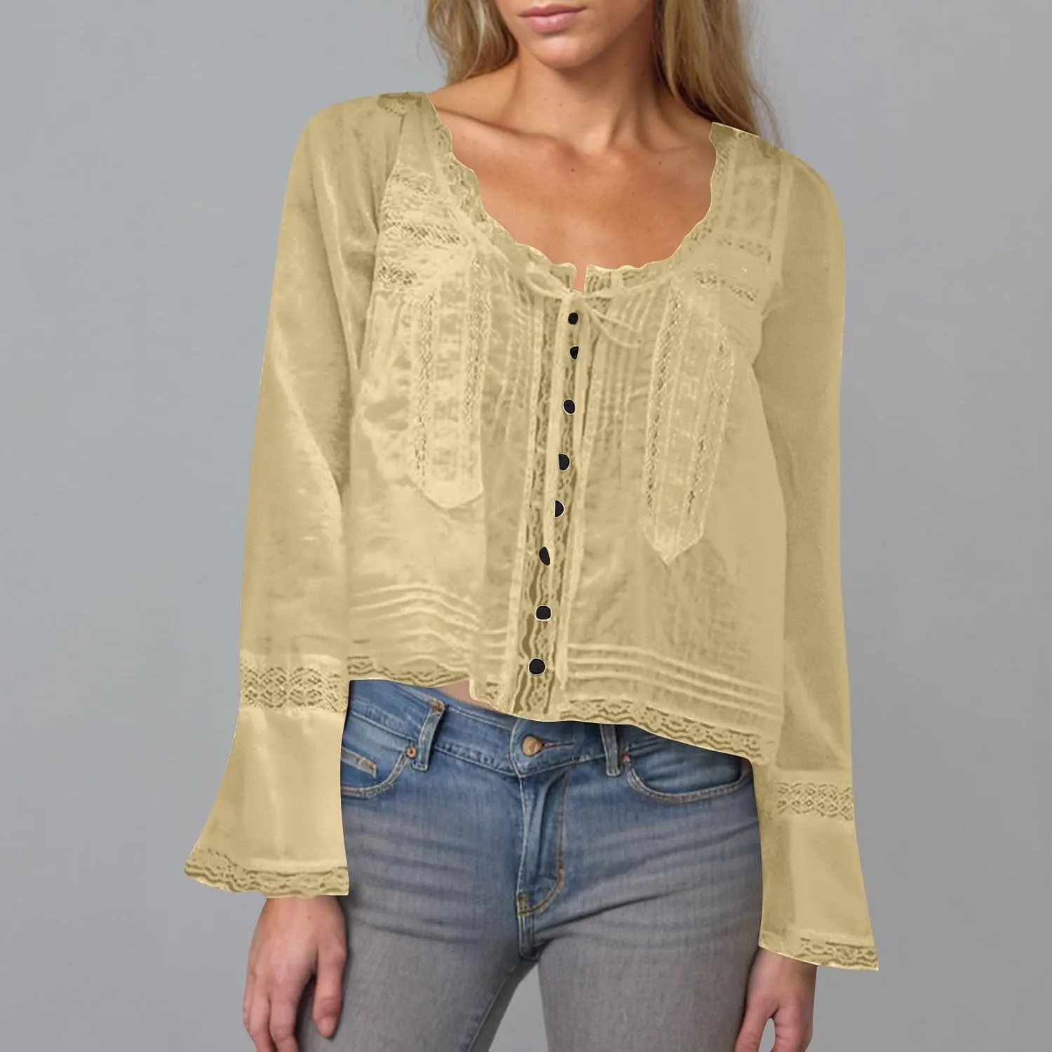 Cute Boho Lace Trim Shirts Women Summer Button Down Beach Crop Tops Casual Long Sleeve Tie Front Neck Y2k Clothes